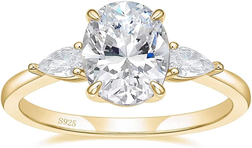 Yomhary 3CT 925 Sterling Silver Engagement Rings for Women ,3-Stone Oval Cut Cubic Zirconia CZ Wedding Promise Rings ,Gold Plated
