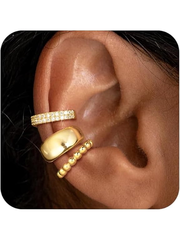 3Pcs Chunky Ear Cuffs Non Piercing for Women - Dainty 14K Gold Plated ,Trendy Cubic Zirconia
