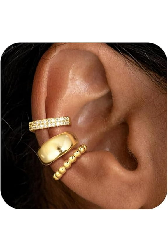 3Pcs Chunky Ear Cuffs Non Piercing for Women - Dainty 14K Gold Plated ,Trendy Cubic Zirconia