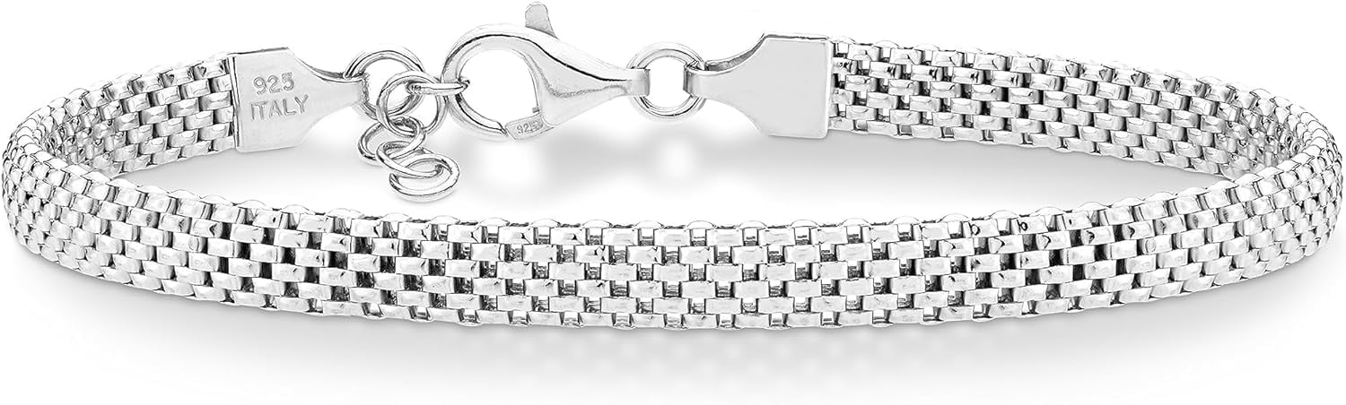 18K Gold Plated 925 Sterling Silver Mesh Link Chain Bracelet - 2.8mm Width, Adjustable Sizes 6.5" To 8"