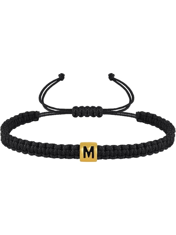 Adjustable Black String Initial Bracelet for Women Men Teen Boys Girls- Gold Letter