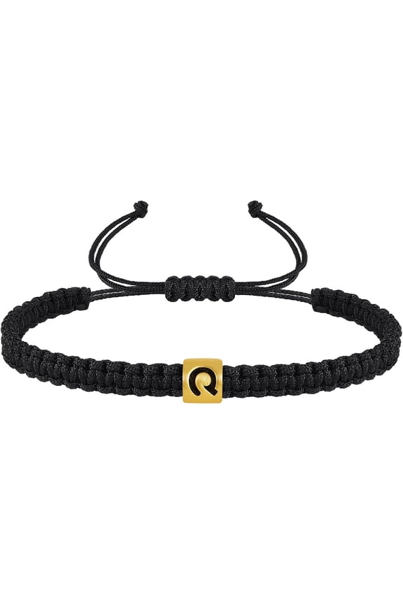 Adjustable Black String Initial Bracelet for Women Men Teen Boys Girls- Gold Letter