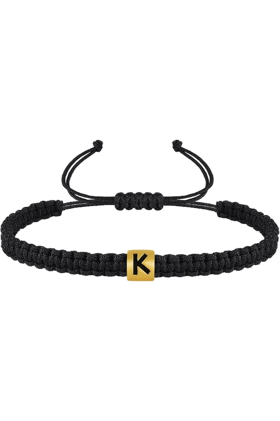 Adjustable Black String Initial Bracelet for Women Men Teen Boys Girls- Gold Letter