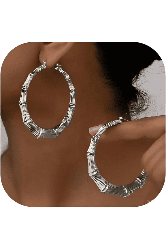 Silver 90s Large Bamboo Hoop Earrings for Women