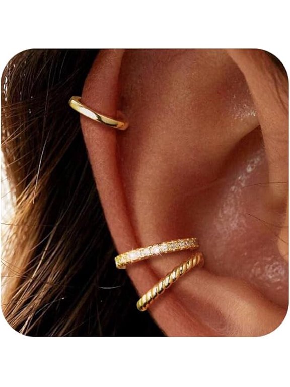 Thin Chunky Ear Cuffs Non Piercing for Women - Dainty 14K Gold Plated Cuff,Cubic Zirconia
