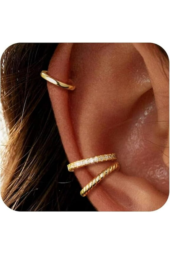 Thin Chunky Ear Cuffs Non Piercing for Women - Dainty 14K Gold Plated Cuff,Cubic Zirconia