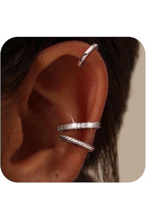 Thin Chunky Ear Cuffs Non Piercing for Women - Dainty 14K Silver Plated Cuff,Cubic Zirconia