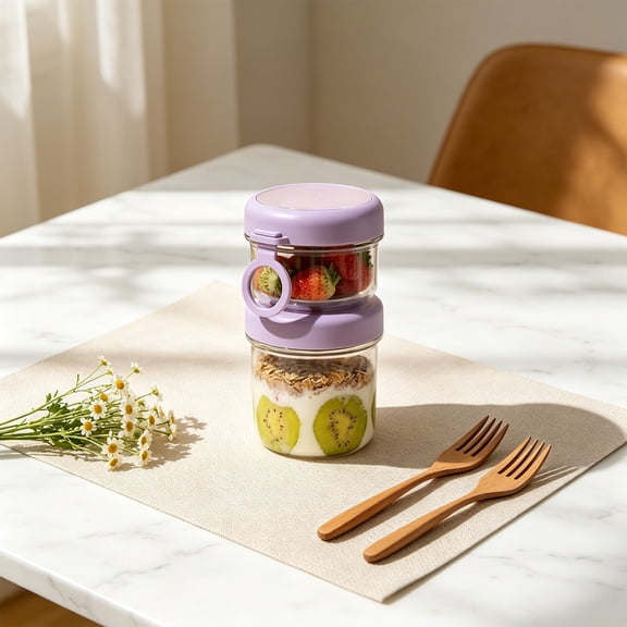 Yomiee 26oz Large Overnight Oats Containers with Lids 2 Pack,Dual-Layer Plastic Yogurt Parfait Cups Salad Pod Chia Pudding Jars Reusable for Oatmeal Cereal Nut Fruit with Holder for Snack Meal Prep