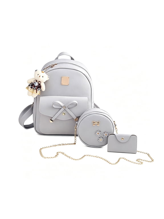3Pcs Cute Leather Backpack Purse Set for Women, Mini Bowknot Shoulder Bag, Fashion Beige Zipper Bags with Bear Pendant, Casual Bag Travel Daypacks for Lady Gift