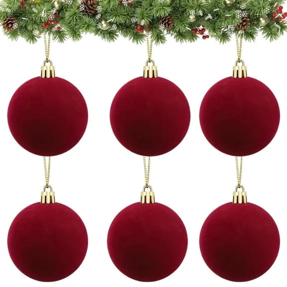 Yomiee 6 Pcs Red Velvet Christmas Decorations Balls, Christmas Ornaments for Xmas Tree Decor, Dark Red Flocked Ball for Family Holiday Party Valentines Hanging Burgundy Decoration