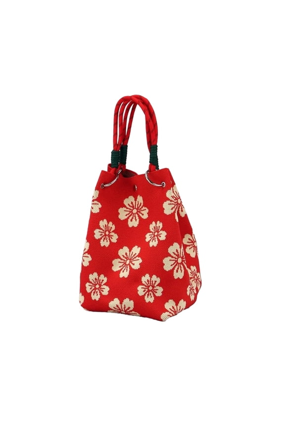 Sakura Floral Knit Mini Tote Handbag for Women, Lightweight Braided Rope Handle Small Hand Bag with Magnetic Snap, Cherry Print Casual Purse for Daily Shopping Beach Vacation Outdoor Daily
