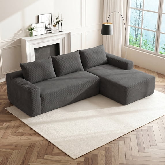 Yomsum Sturdy Frame L-Shaped Sectional Sofa, Anti-Scratch Wear Resistant Corduroy Couch, Spacious Chaise Sofa Suitable for Guest Room Studio Dormitory Gray