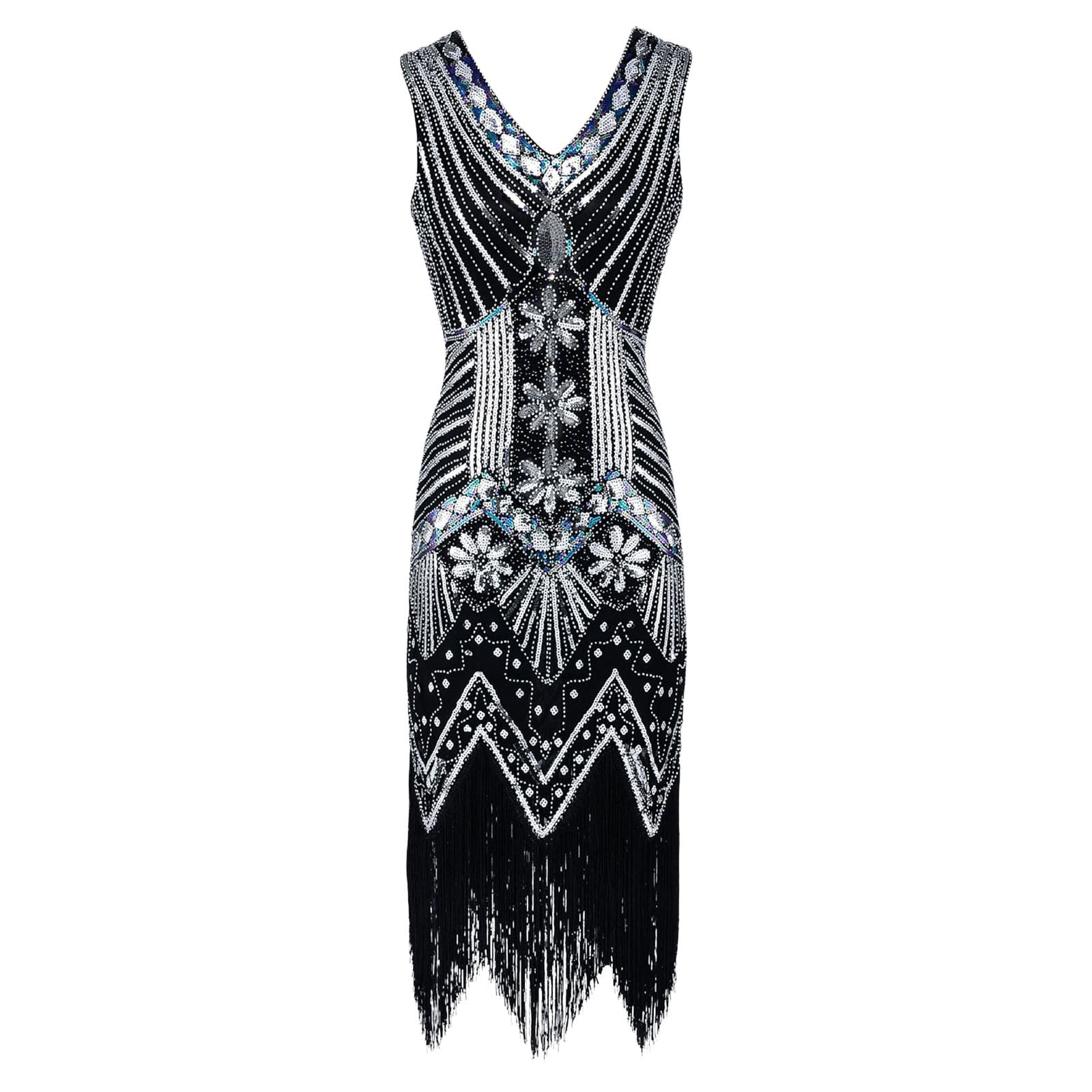 Yoncen Women's Flapper Dresses 1920s V Neck Beaded Fringed Great Gatsby Dress Set (Grey,XXXL)