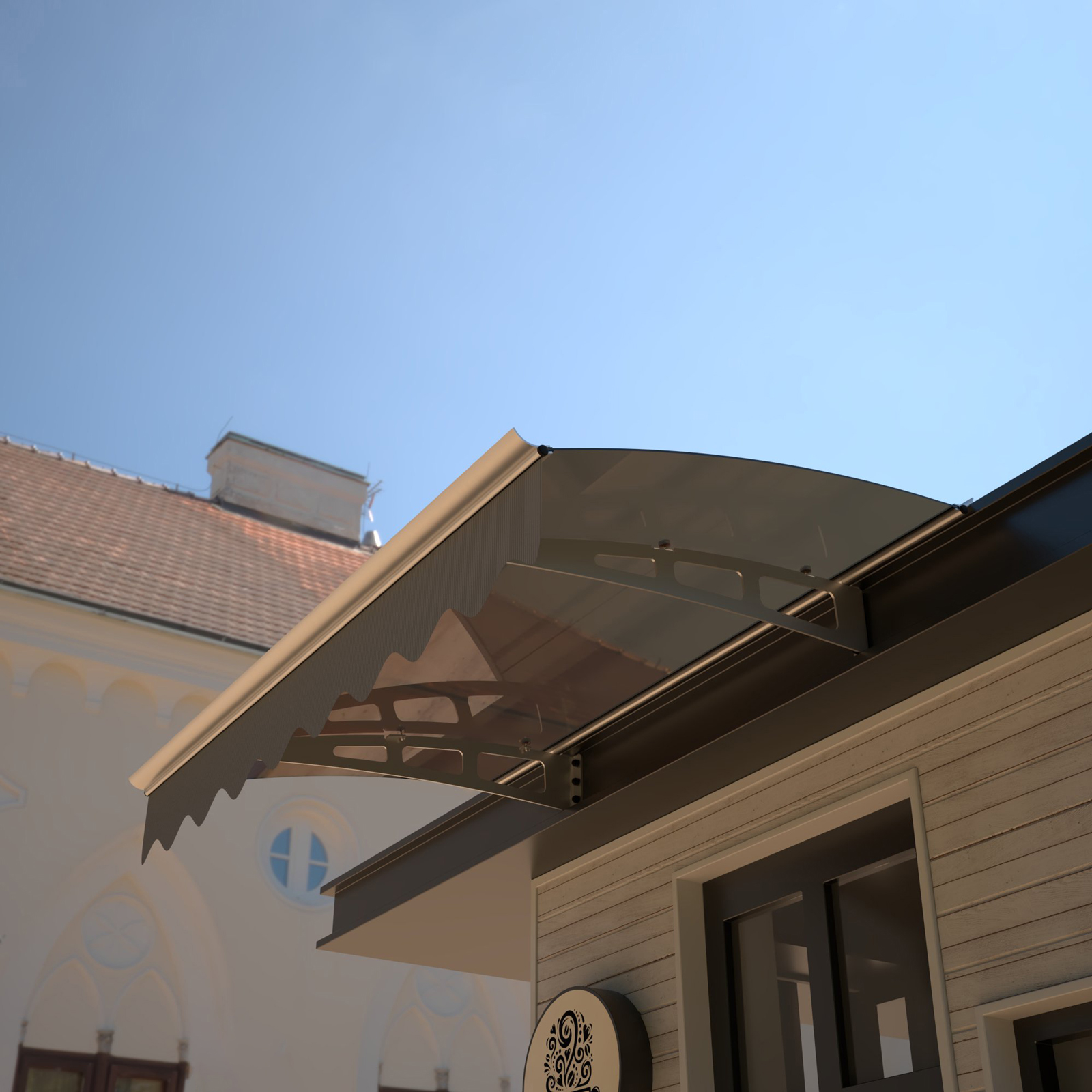 Yone jx je Door Window Awning Made of 0.137 Inch Thick Crystal Solid Polycarbonate Sheet and Aluminum Alloywith Valance in size of 47" Wide x 34" Deep for Wooden Wall House (Brown Roof)