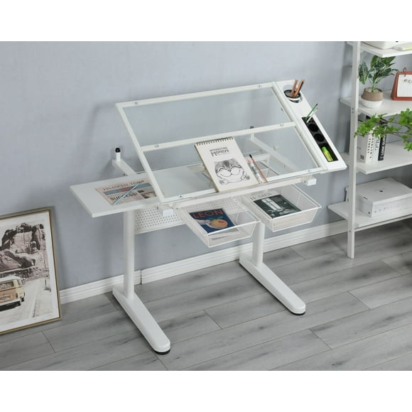 Yone jx je Drafting Table Set Adjustable Height Artist Desk with hand crank adjustable drafting table drawing desk with 2 metal drawers (white)WITH STOOL for Home Office School.