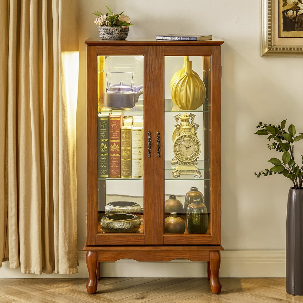 Yone jx je Lighted Curio Cabinet, Modern Floor Standing Glass Curio Cabinet Display Case Cabinet with Adjustable Shelves, Mirrored Back Panel and Tempered Glass Doors for Home/Office, Oak, 3 Tier