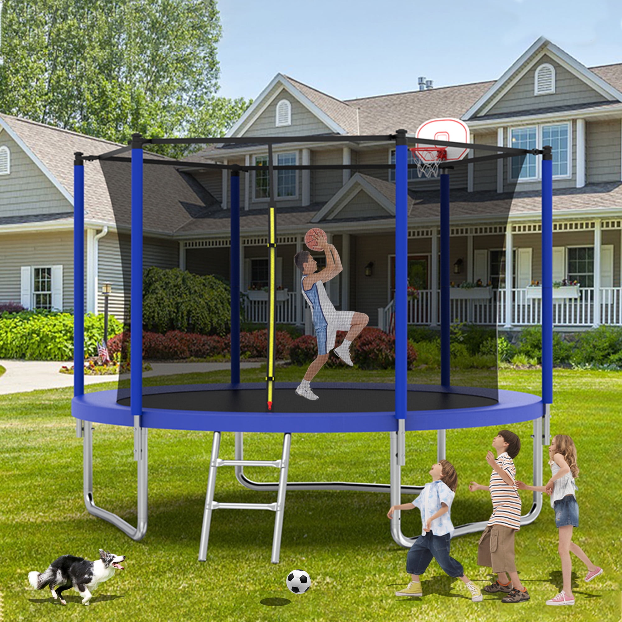 Yoneston 10FT Outdoor Trampoline with Basketball Hoop, 240LBS Round Trampoline with Ladder and Safety Enclosure for Kids and Adults in Backyard Garden, Blue