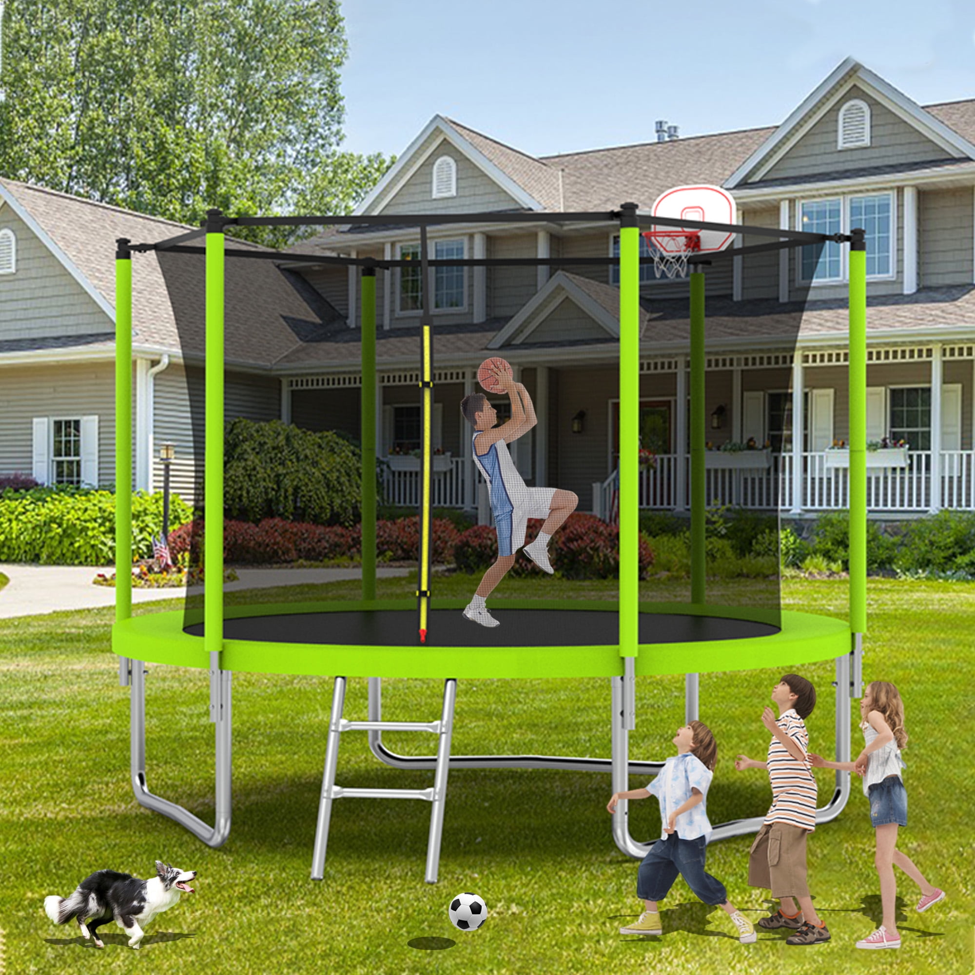 Yoneston 10FT Outdoor Trampoline with Basketball Hoop, 240LBS Round Trampoline with Ladder and Safety Enclosure for Kids and Adults in Backyard Garden, Green