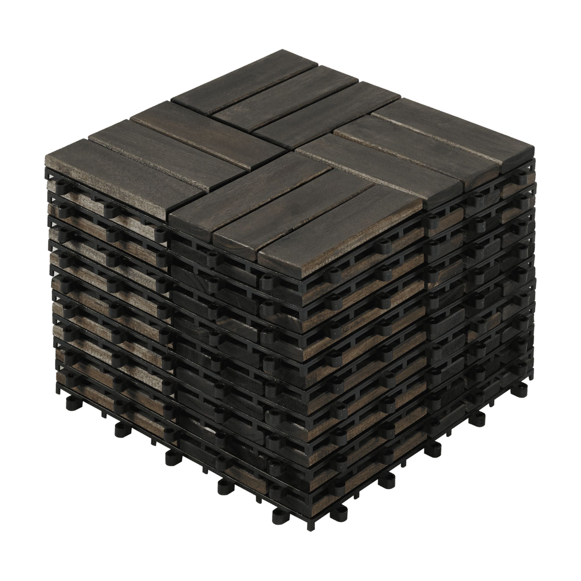 Yoneston 10PCS Acacia Wood Interlocking Deck Tiles, Waterproof Outdoor Flooring 12" x 12" Square Checker Pattern for Patio, Bancony, Pool Side, Garden, Black