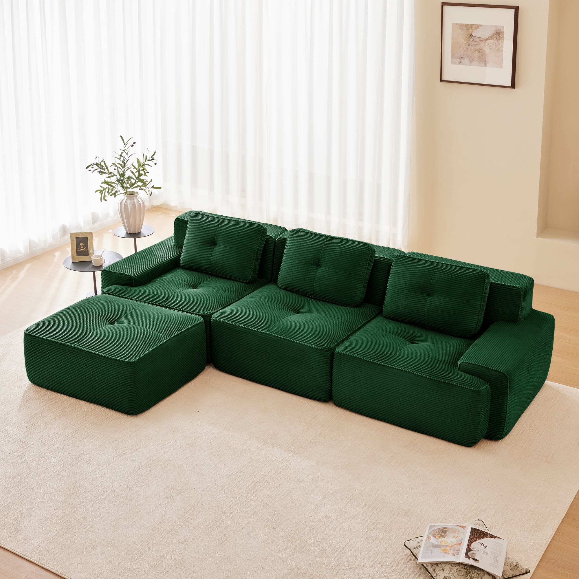 Yoneston 117" L-Shaped Modular Sectional Sofa 3 Seater Couch with Cushions and Ottoman, No Assembly Corduroy Sofa with Deep Seating for Living Room Bedroom Apartment, Green