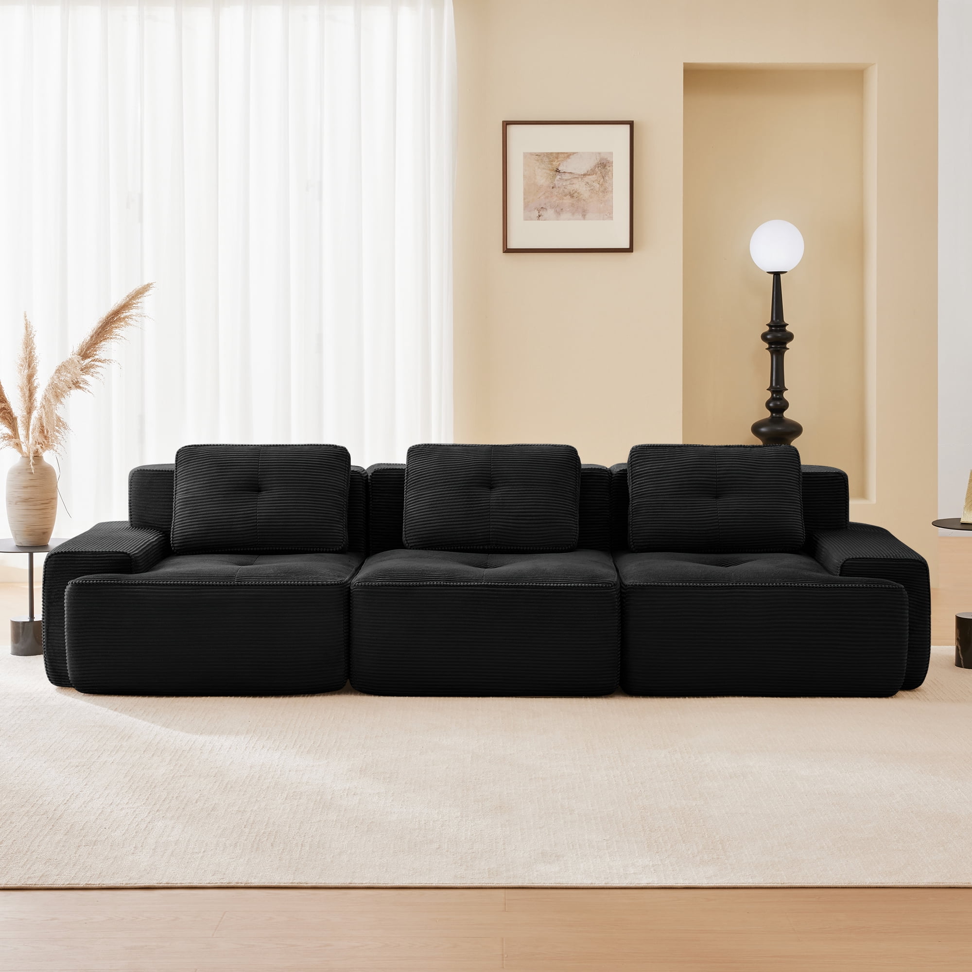 Yoneston 117" Modular Sectional Sofa 3 Seater Couch with Cushions, No Assembly Corduroy Sofa with Deep Seating for Living Room Bedroom Apartment, Black
