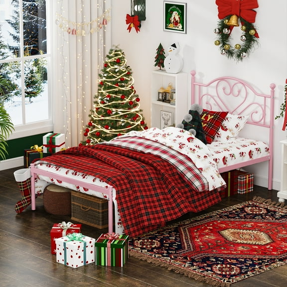 Yoneston 12” Twin Heavy Duty Metal Platform Bed Frame with Love-Heart Shape Headboard for Girls Bedroom Furniture, Pink