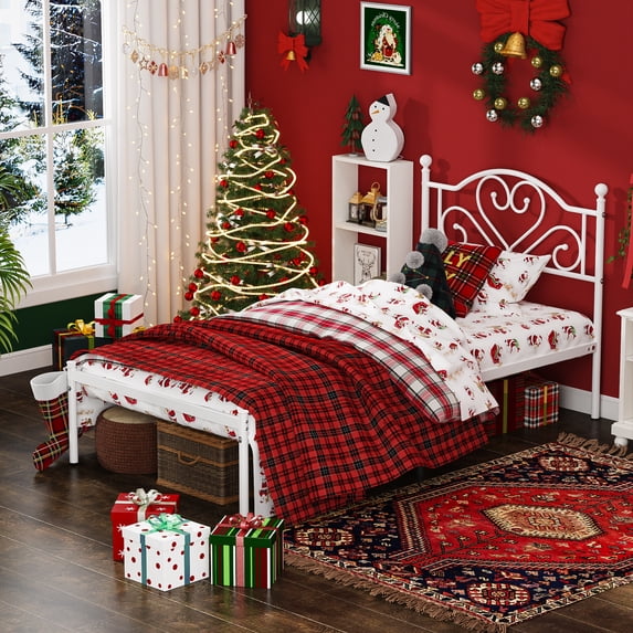 Yoneston 12” Twin Heavy Duty Metal Platform Bed Frame with Love-Heart Shape Headboard for Girls Bedroom Furniture, White