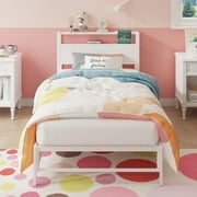 Yoneston 12" Twin Metal Bed Frame with 2-Tire Storage Headboard for Girls, Heavy Duty Platform Bed Frame No Box Spring Bedroom Furniture, White