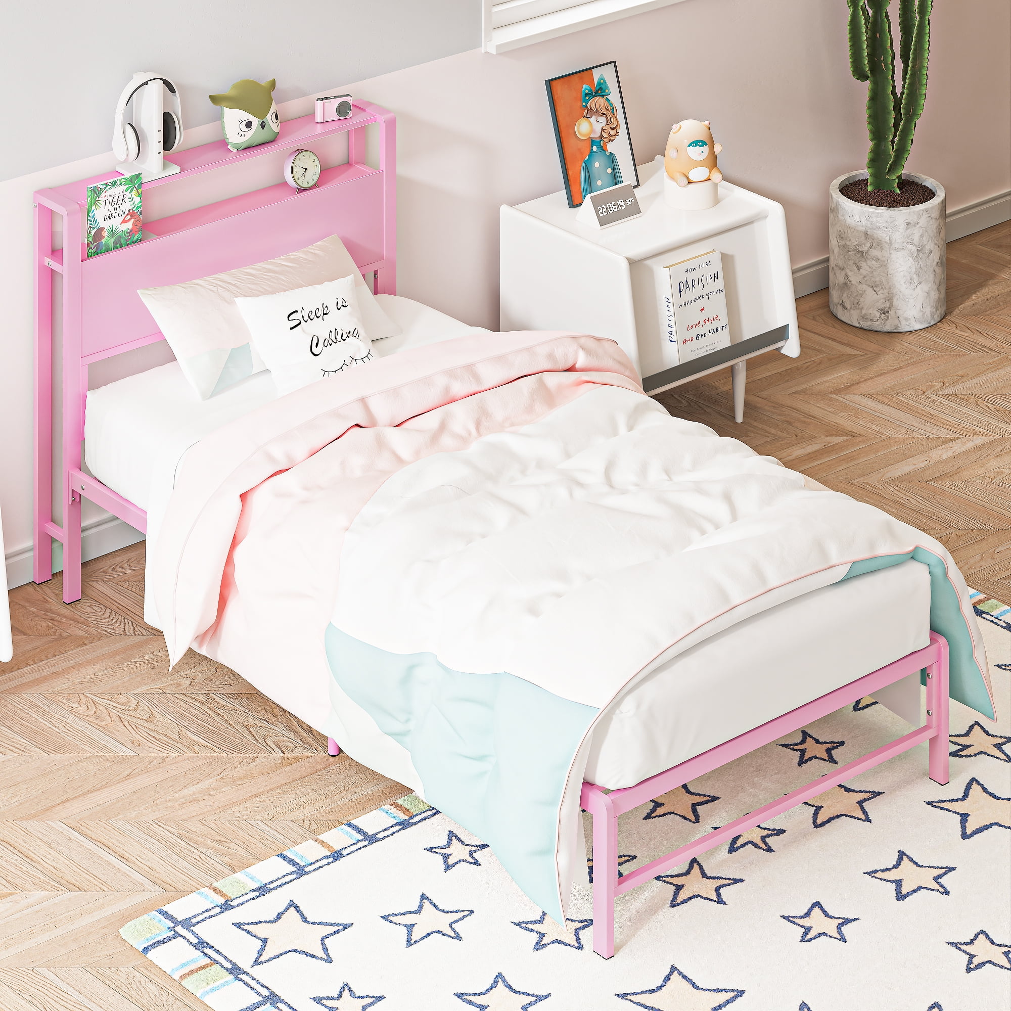 Yoneston 12" Twin Metal Bed Frame with 2-Tire Storage Headboard for Girls, Heavy Duty Platform Bed Frame Bedroom Furniture, Pink