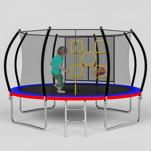 Yoneston 12FT 14FT Outdoor Trampoline with Target Cloth for Kids, Upgraded Round Trampoline with Enclosure & Ladder, 330Lbs Weight Capacity, Red
