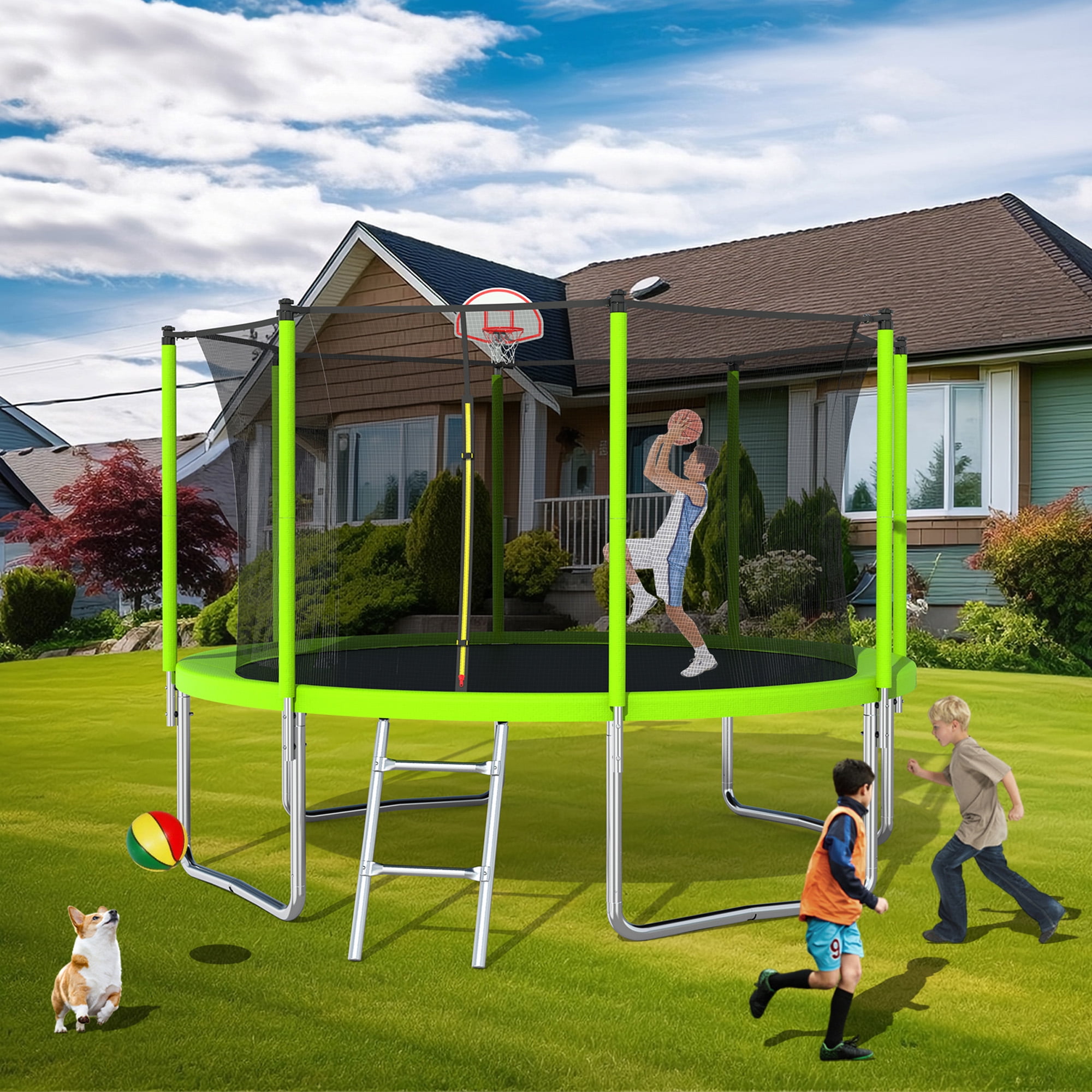 Yoneston 12FT Outdoor Trampoline with Basketball Hoop, 880LBS Round Trampoline with Ladder and Safety Enclosure for Kids and Adults in Backyard Garden, Green