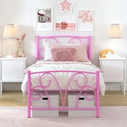 Yoneston 14" Heavy Duty Twin Metal Platform Bed Frame with Headboard for Girls Bedroom Furniture, Pink