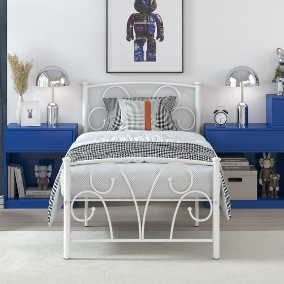 Yoneston 14" Twin Metal Platform Bed Frame with Creative Headboard,White