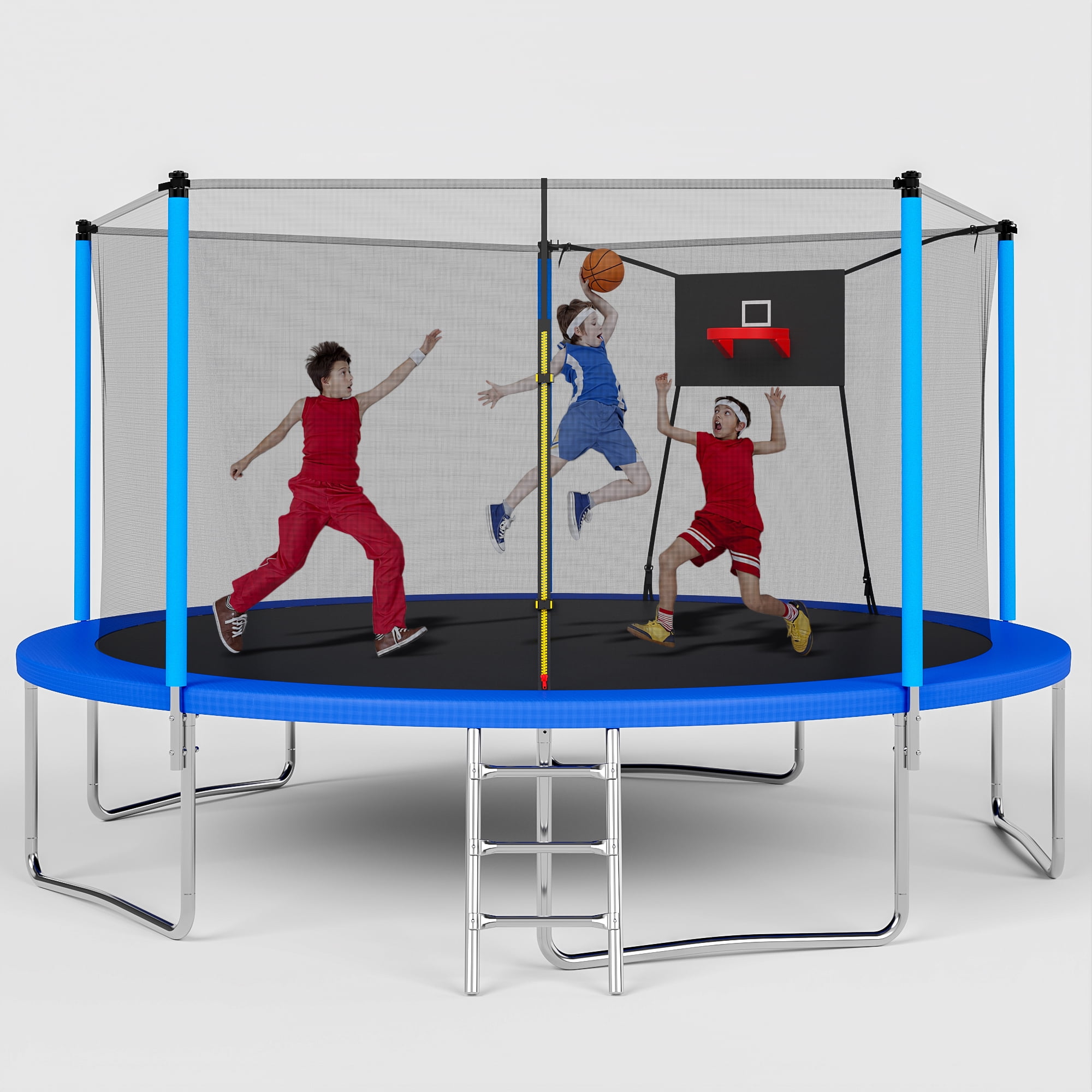 Yoneston 14ft Kids Trampoline with Basketball Hoop, 1300LBS Upgraded Round Outdoor Trampoline with Enclosure & Ladder, Heavy-Duty Backyard Trampoline for Children Gift, Blue
