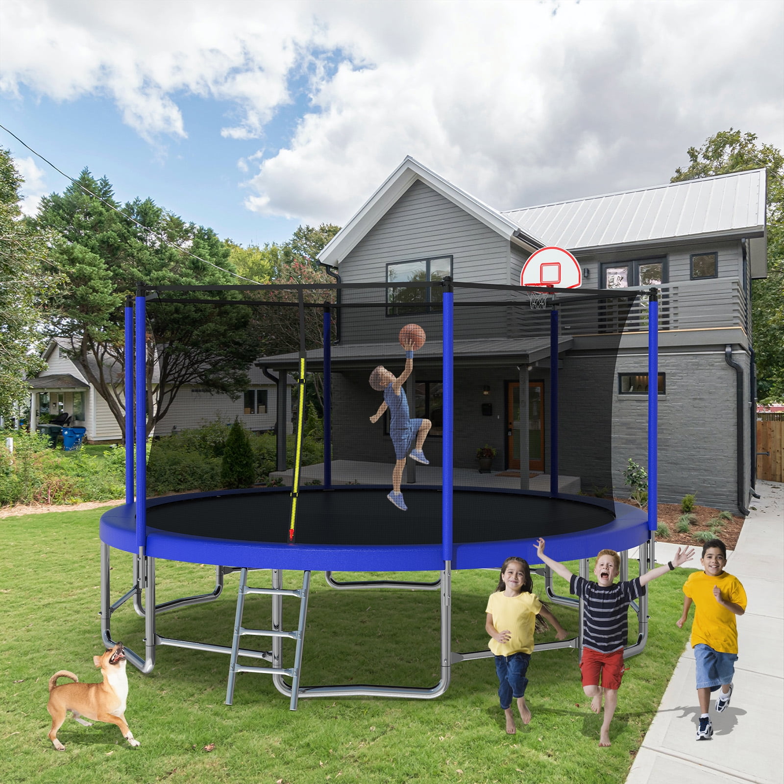 Yoneston 15FT Outdoor Trampoline with Basketball Hoop, 1320LBS Large Recreational Trampoline with Ladder and Safety Enclosure for Kids and Adults in Backyard Garden, Blue