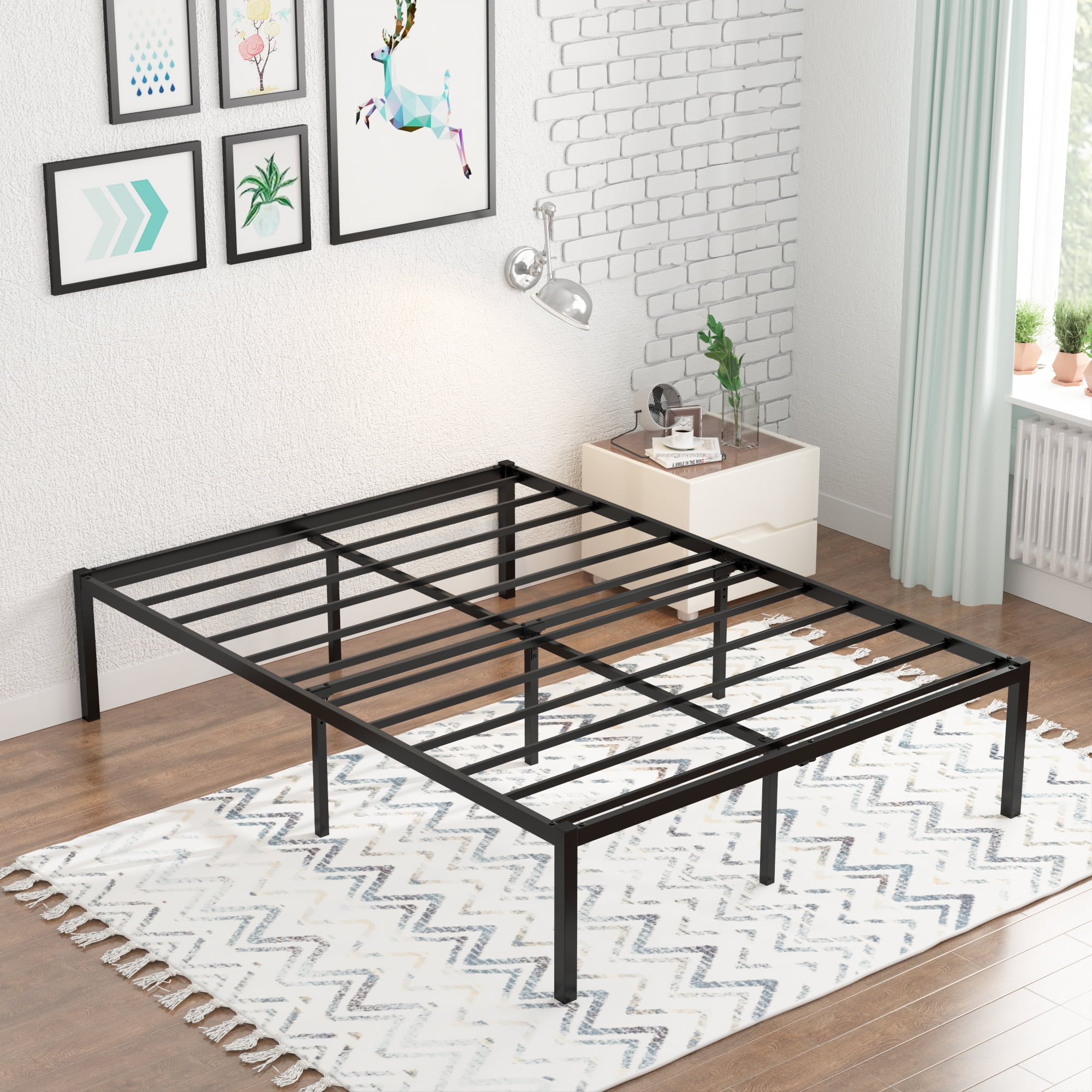 Yoneston 16 Inch Queen Metal Platform Bed Frame Reinforce Heavy Duty No Box Spring Mattress Foundation High Bed Frame with Under-Bed Storage for Adults Child