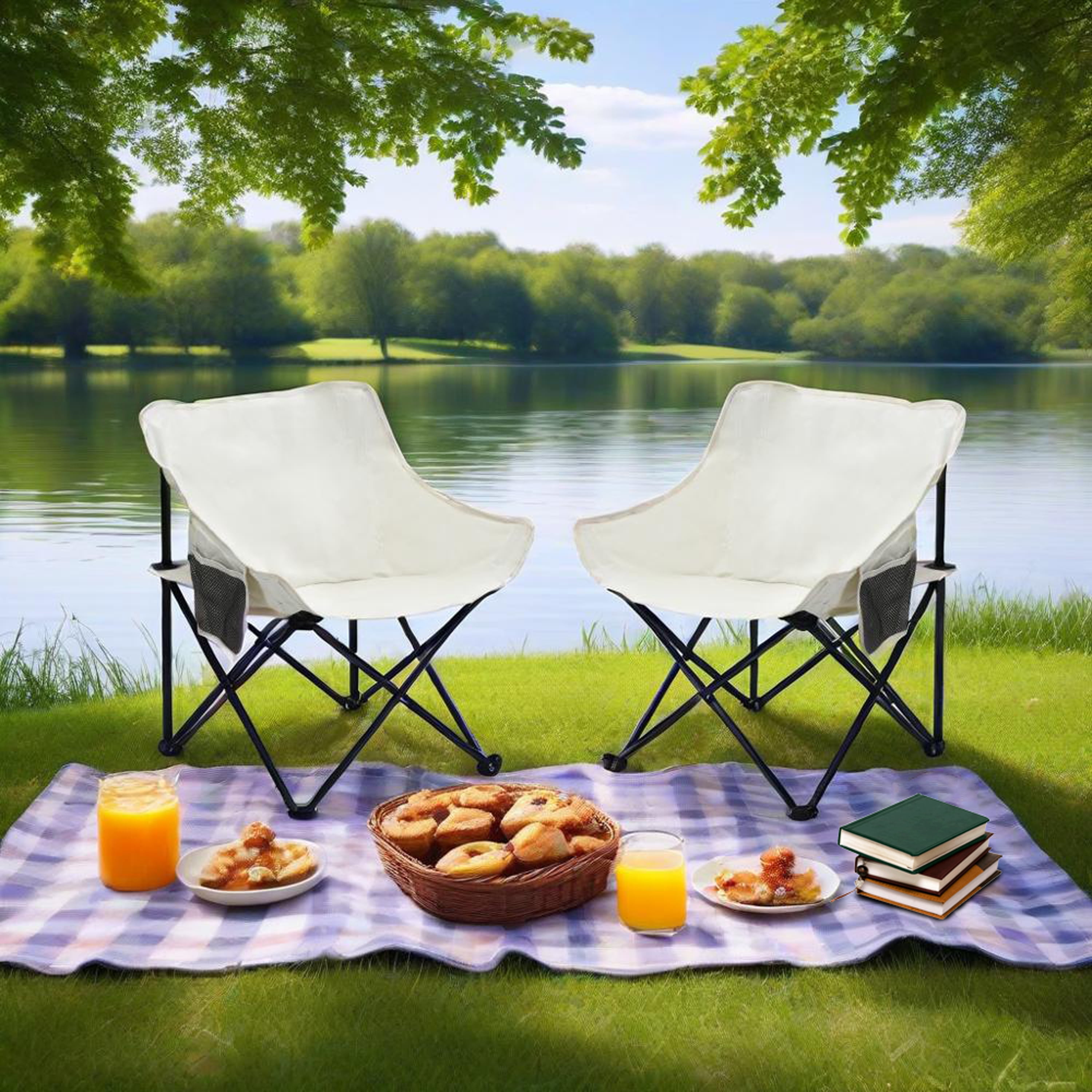 Mintazer 2-Pack Folding Camping Chairs, Collapsible Outdoor Chairs with Side Pocket, Portable Camp Chairs with Carry Bag for Camping Picnics, Beige