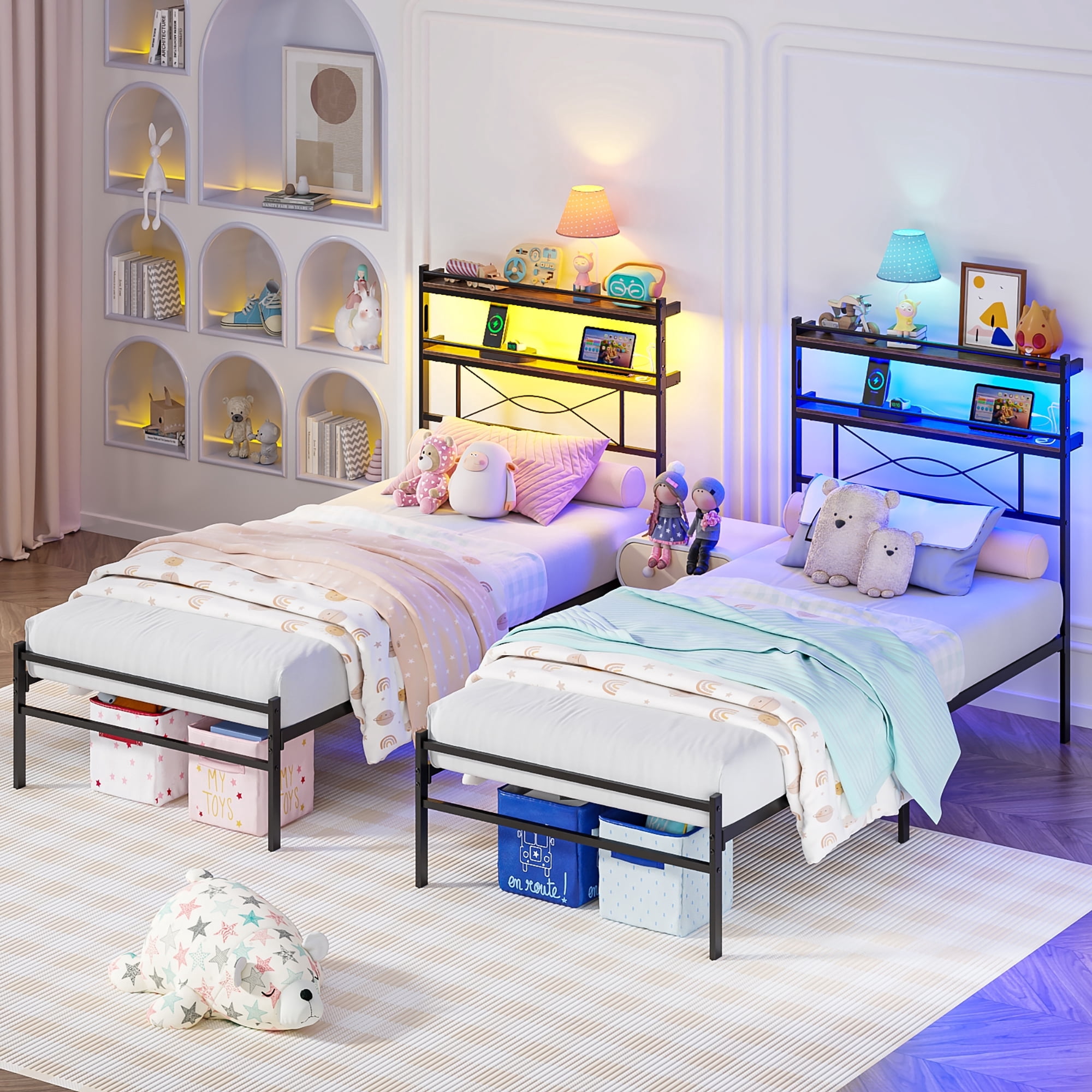 Yoneston 2 Pack Twin Power Outlet Metal Platform Bed Frame with 2-Tier Storage Headboard & LED Light for Boys Kids Teens, Black