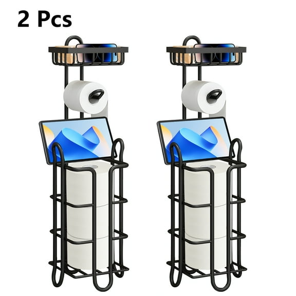 Yoneston 2 Pcs Toilet Paper Holder with Large Top Shelf Heavy Duty Bathroom Freestanding Toilet Paper Roll Stand, Iron Black
