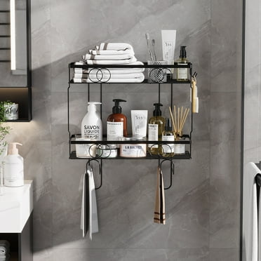 Yoneston 2-Tier Bathroom Over The Toilet Storage Shelf Organizer with Hook, Versatile Freestanding or Wall Mounted Organizer for Bathroom Kitchen, Black