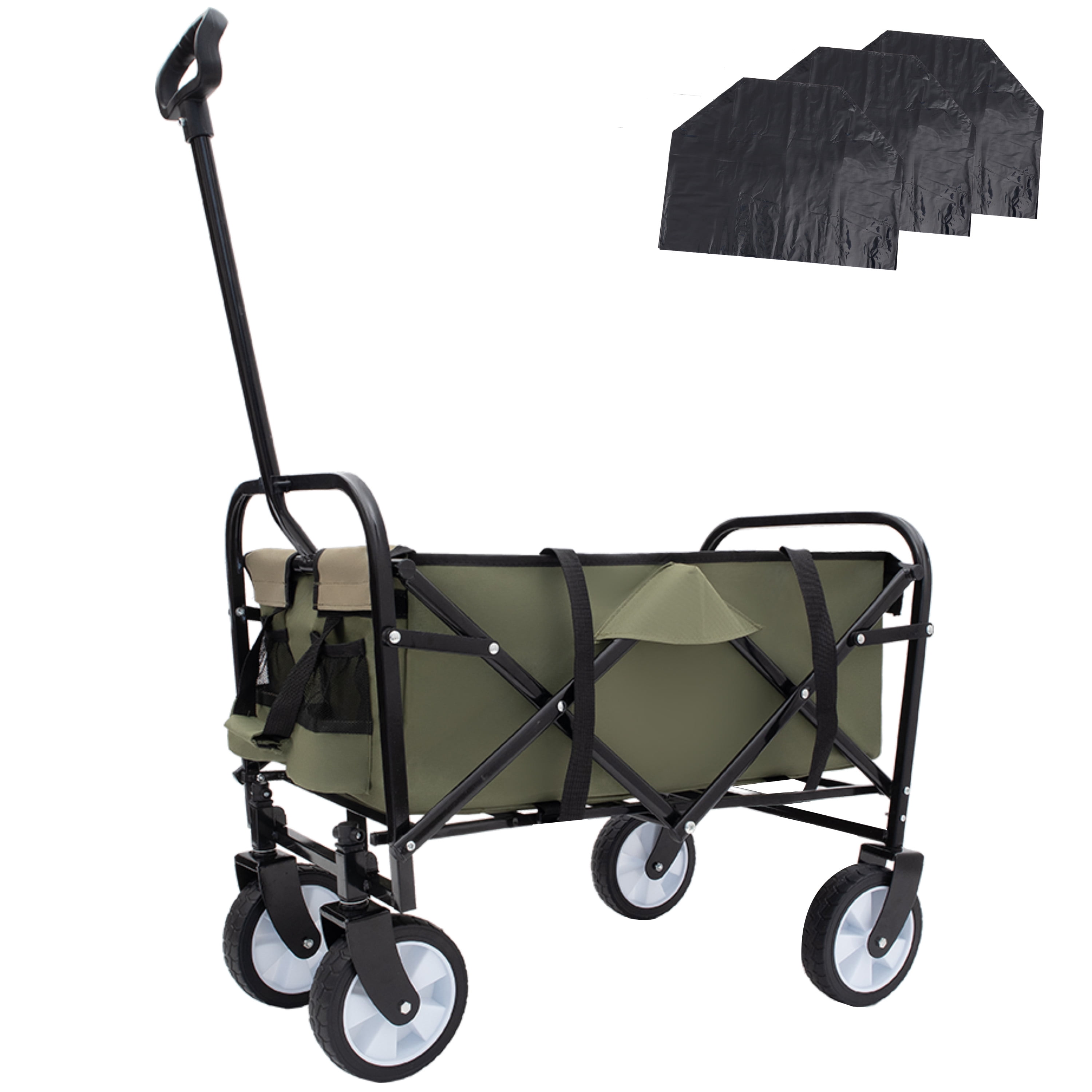 Yoneston 225LBS Collapsible Wagon Cart, Portable Heavy Duty Utility Wagon with 3pcs Plastic Liner Cover Bag for Camping, Picinc, Shopping, Beach, Grocery Transport, Green