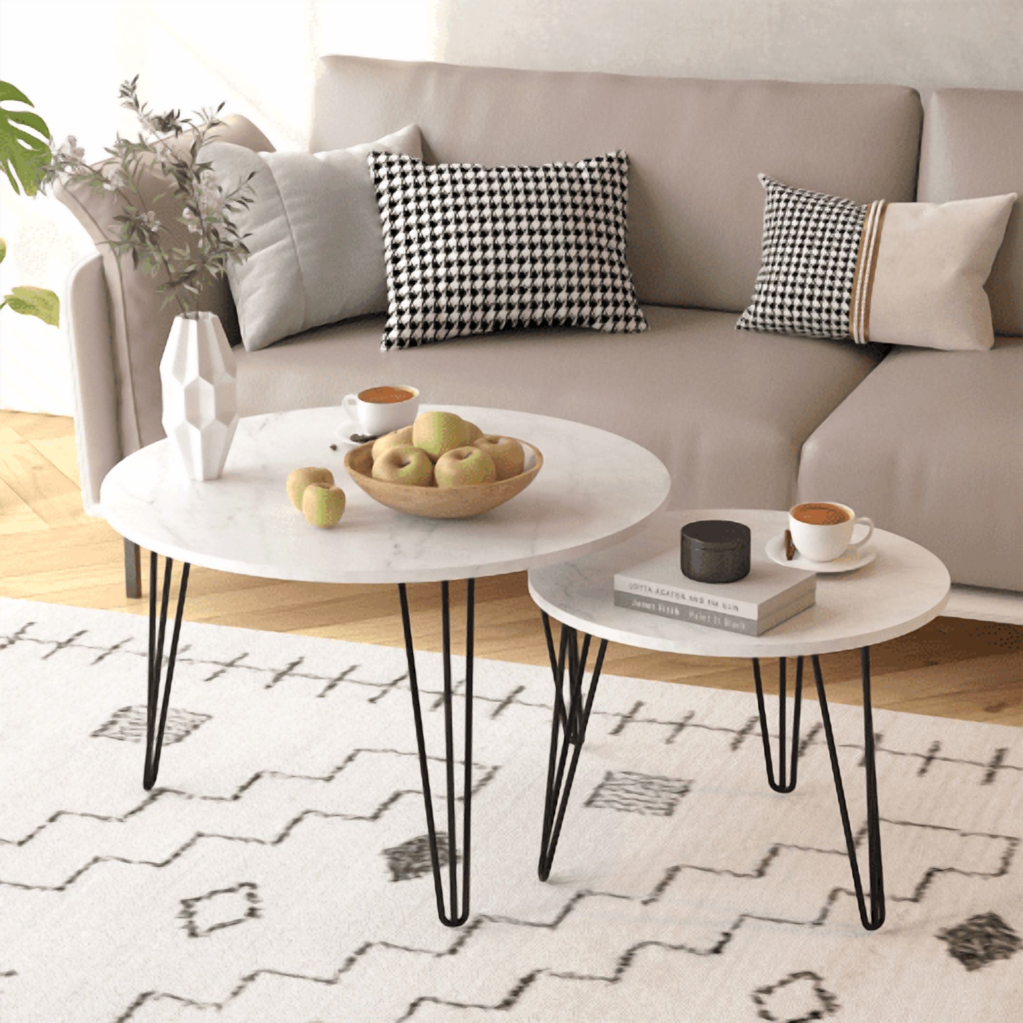 Yoneston 27.56" Round Nesting Coffee Table Set of 2, Wooden Tabletop End Table with Sturdy Metal Legs for Living Room Bedroom, White
