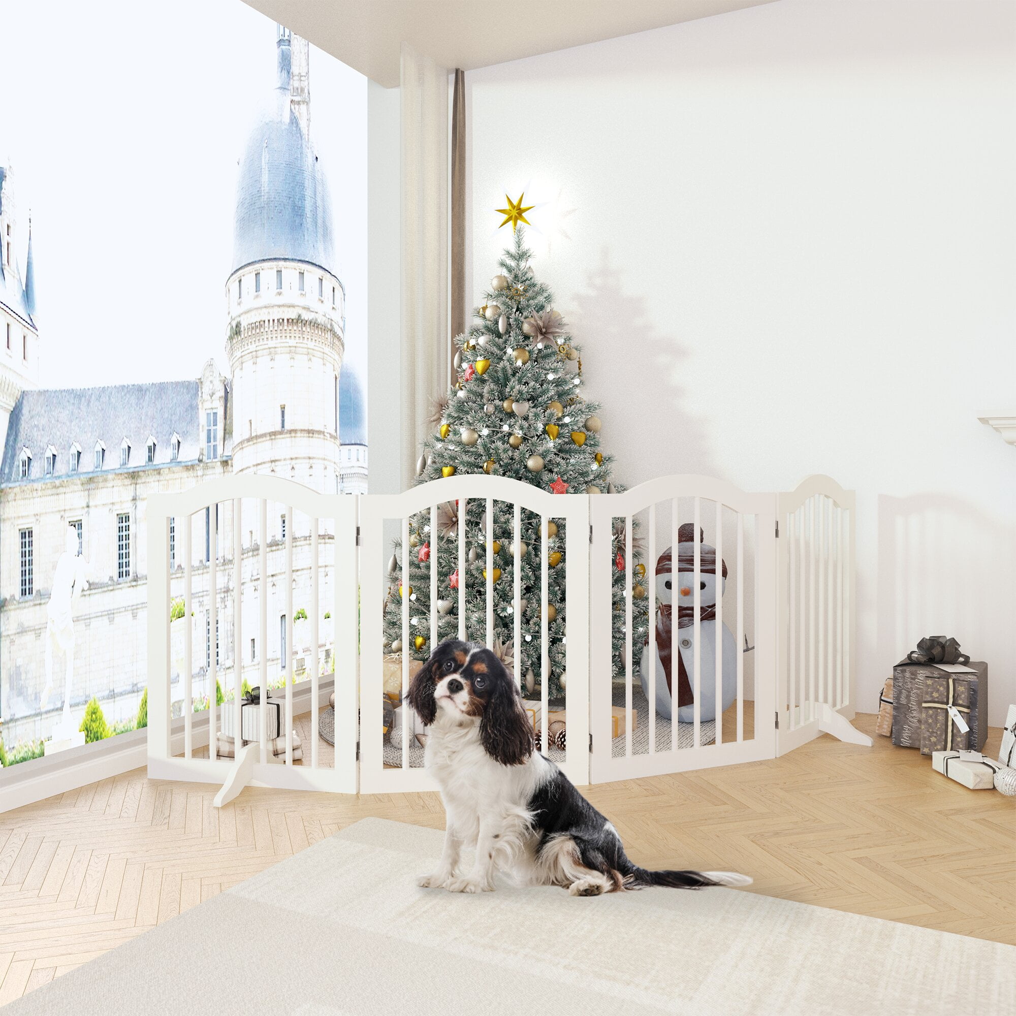 Yoneston 27.6" Height Pet Gate Folding 4 Panels for Doorways,Height Tall Freestanding Pet Dog Gate,2 pcs Support Feet Ideal for Stairs,White
