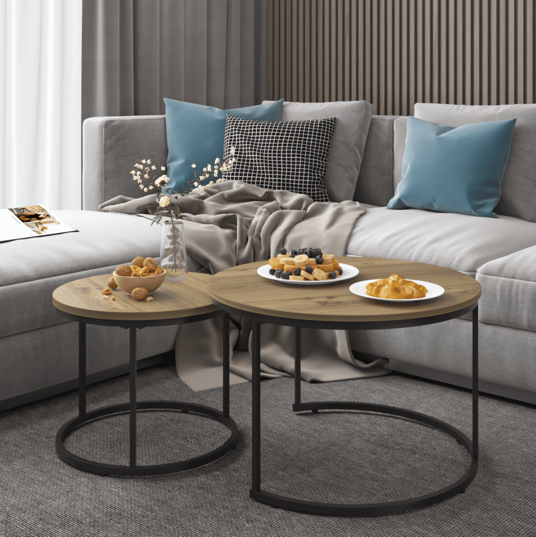 Yoneston 27.6" Round Coffee Table Set of 2, Wood Marble Pattern Top with Sturdy Metal Frame for Living Room Bedroom Balcony Yard, Brown