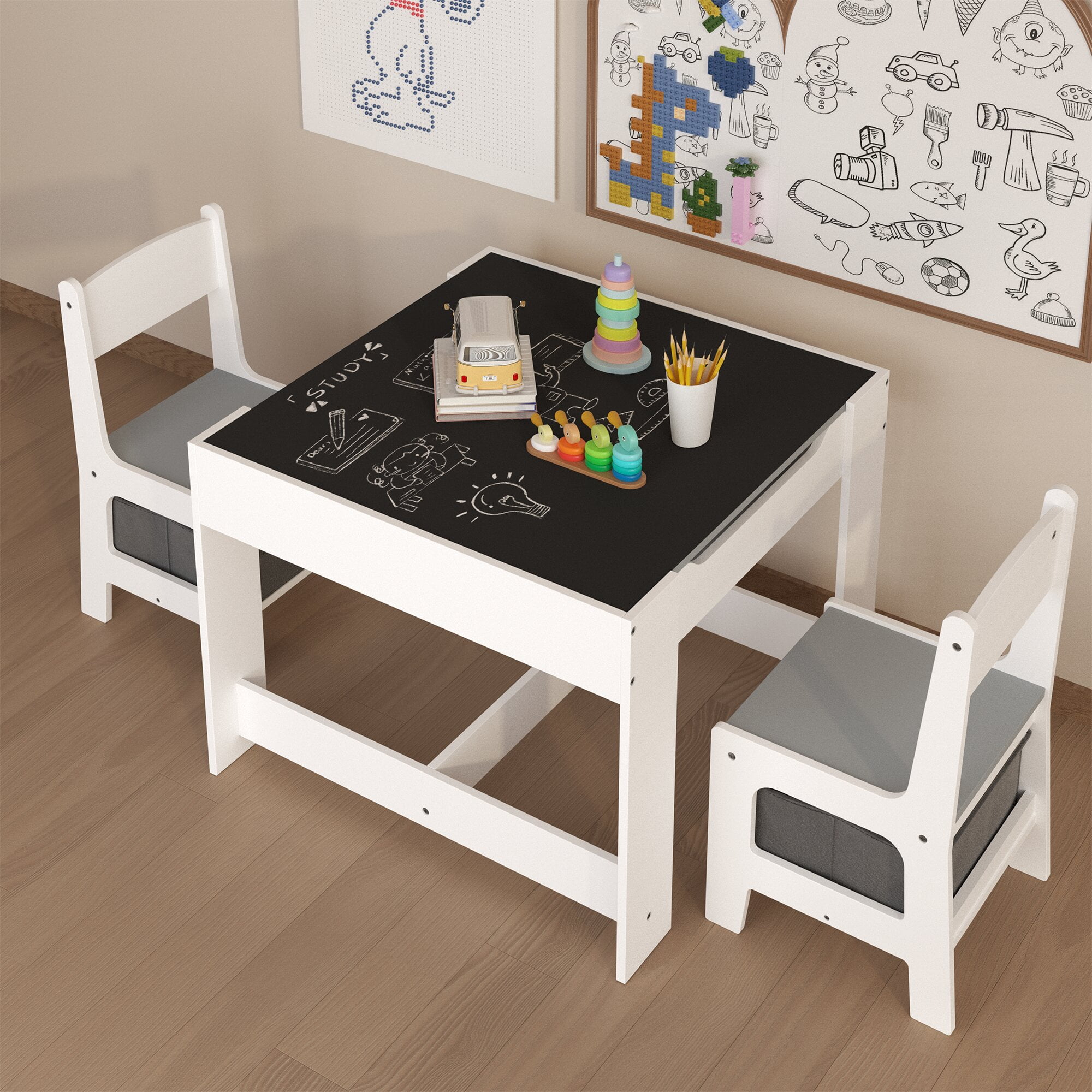 Yoneston 3 in 1 Kids Table and Chair Set with Storage Drawer ...