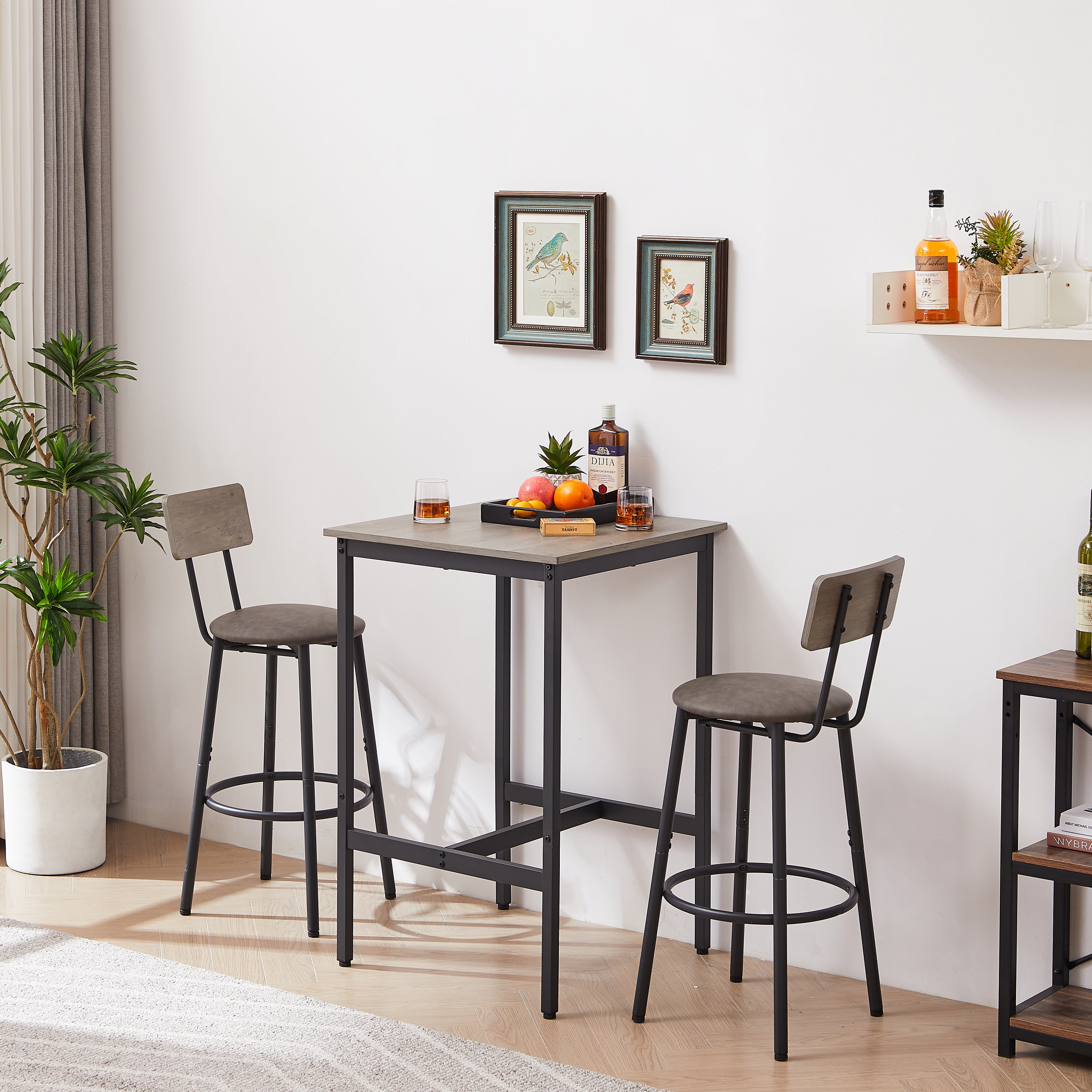 Yoneston 3 Piece Bar Table Set with PU Soft Stool, Pub Table Breakfast Table and 2 Stools for Kitchen Home, Gray