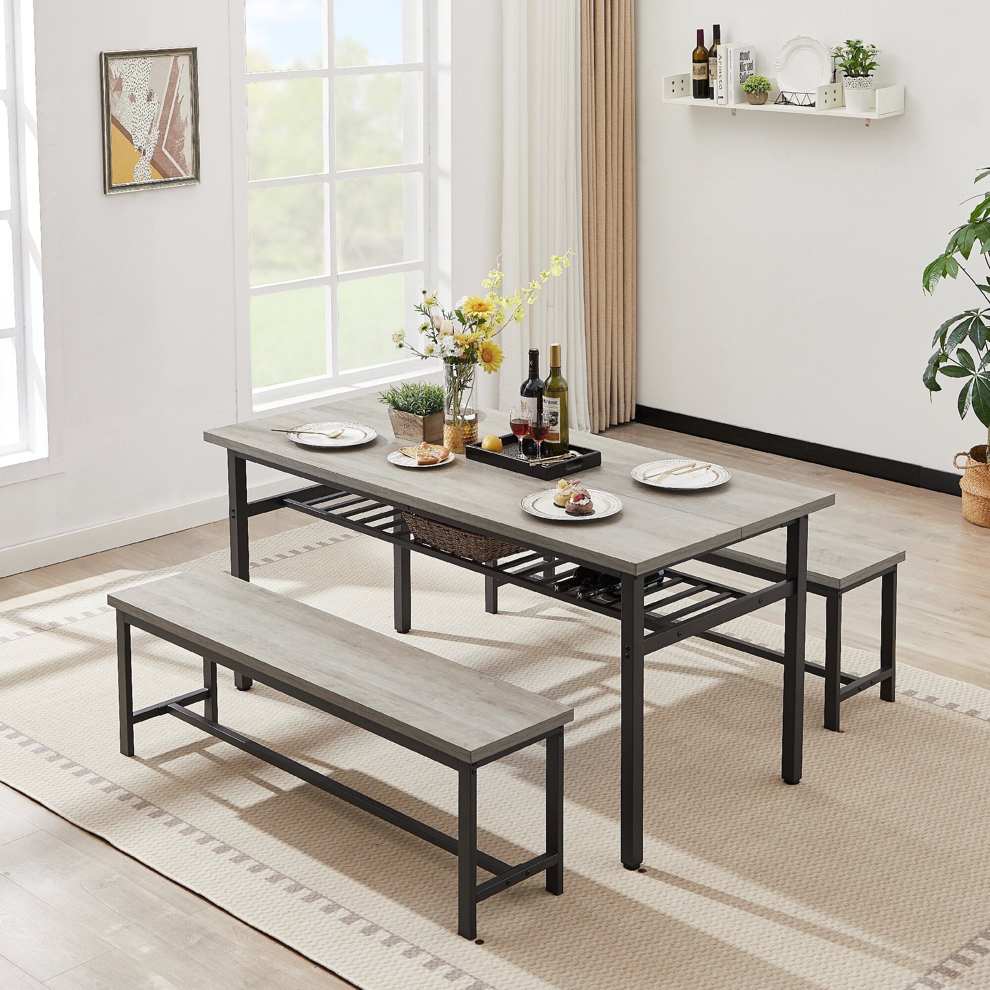 Yoneston 3Piece Dining Table Bench Set with Storage Rack, 67in Large
