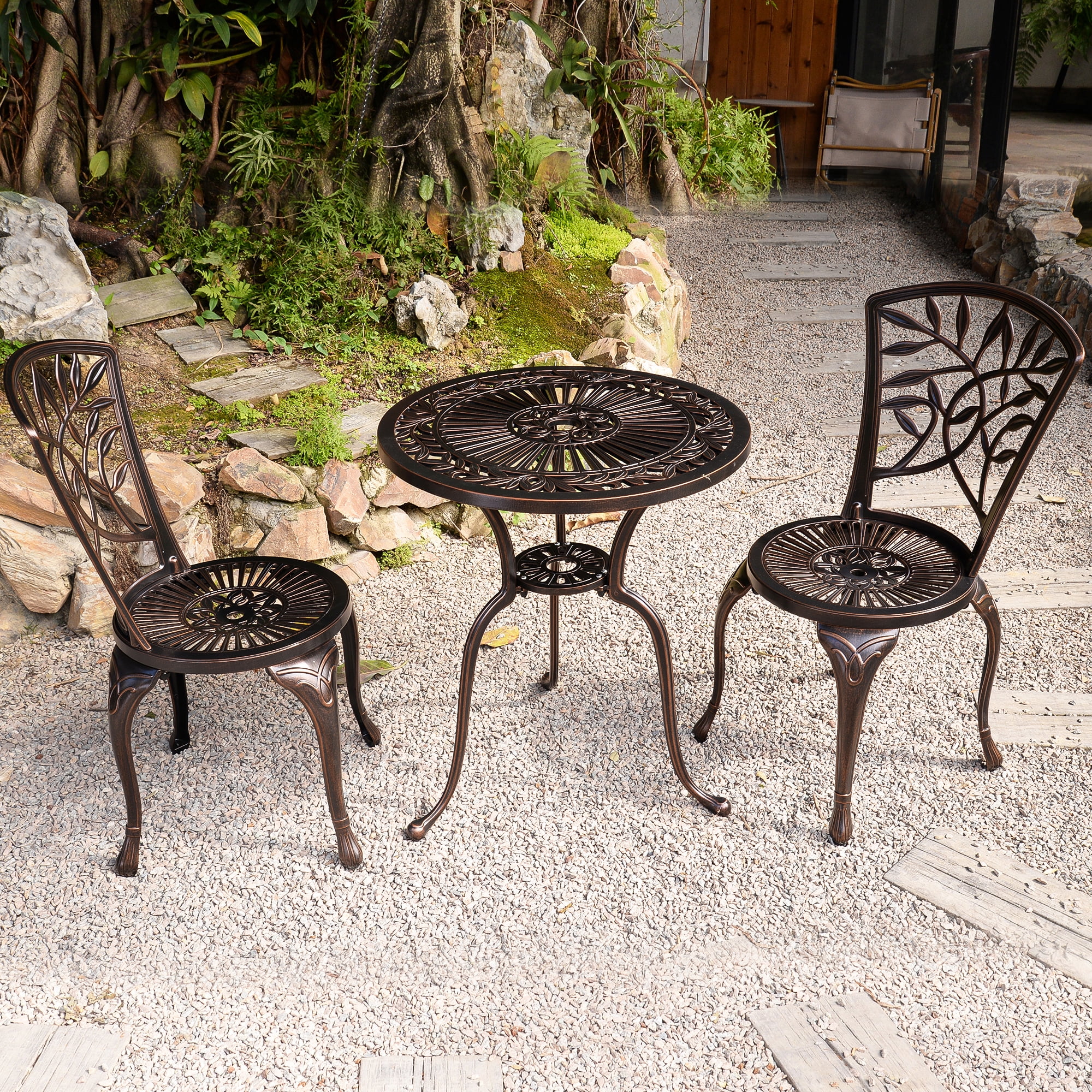 Yoneston 3 Piece Outdoor Patio Furniture Cast Aluminum Olive Designed Bistro Set Dining Table and Chairs for Garden Vintage Bronze