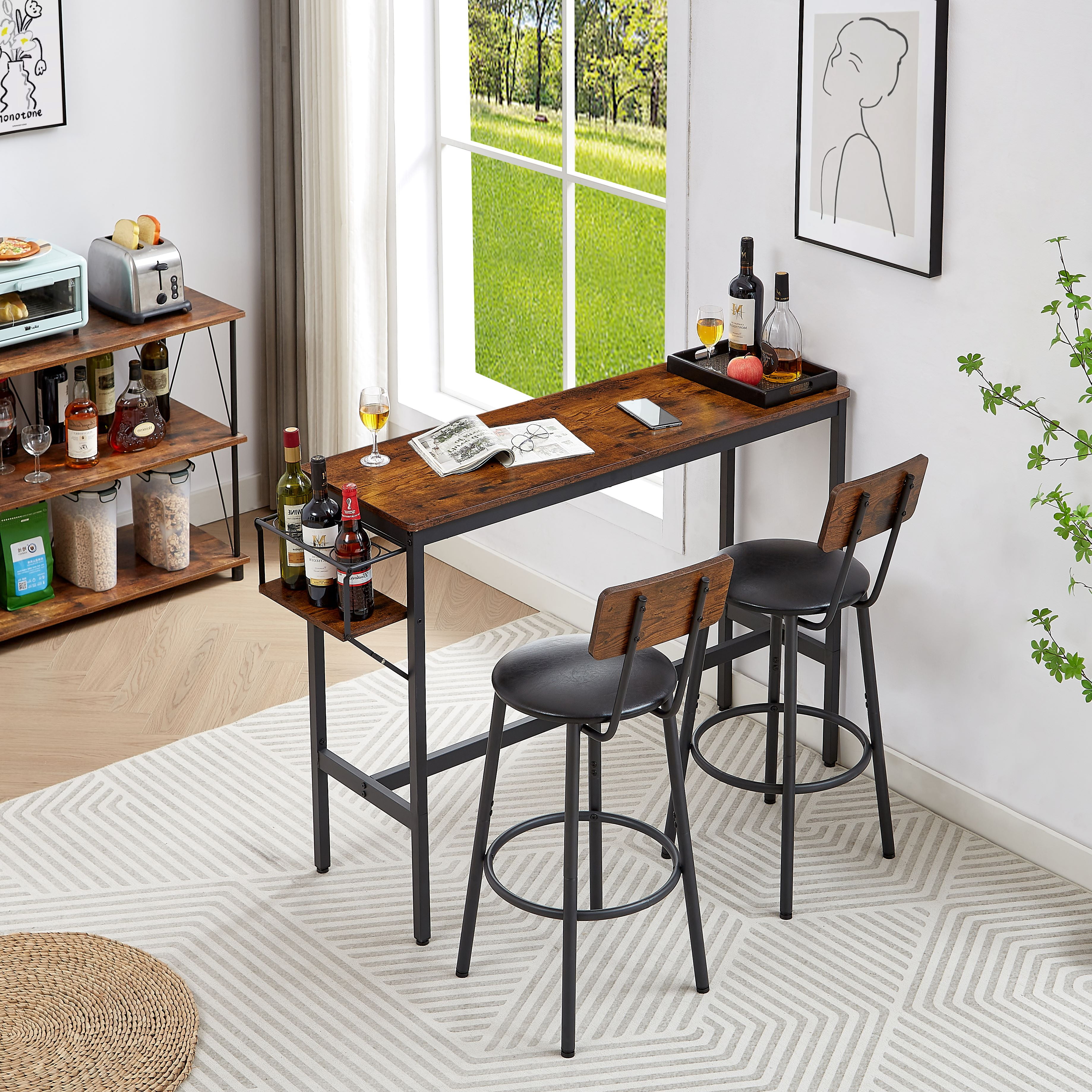 Yoneston 3 Pieces Bar Table Set with 2 Chairs and Wine Storage