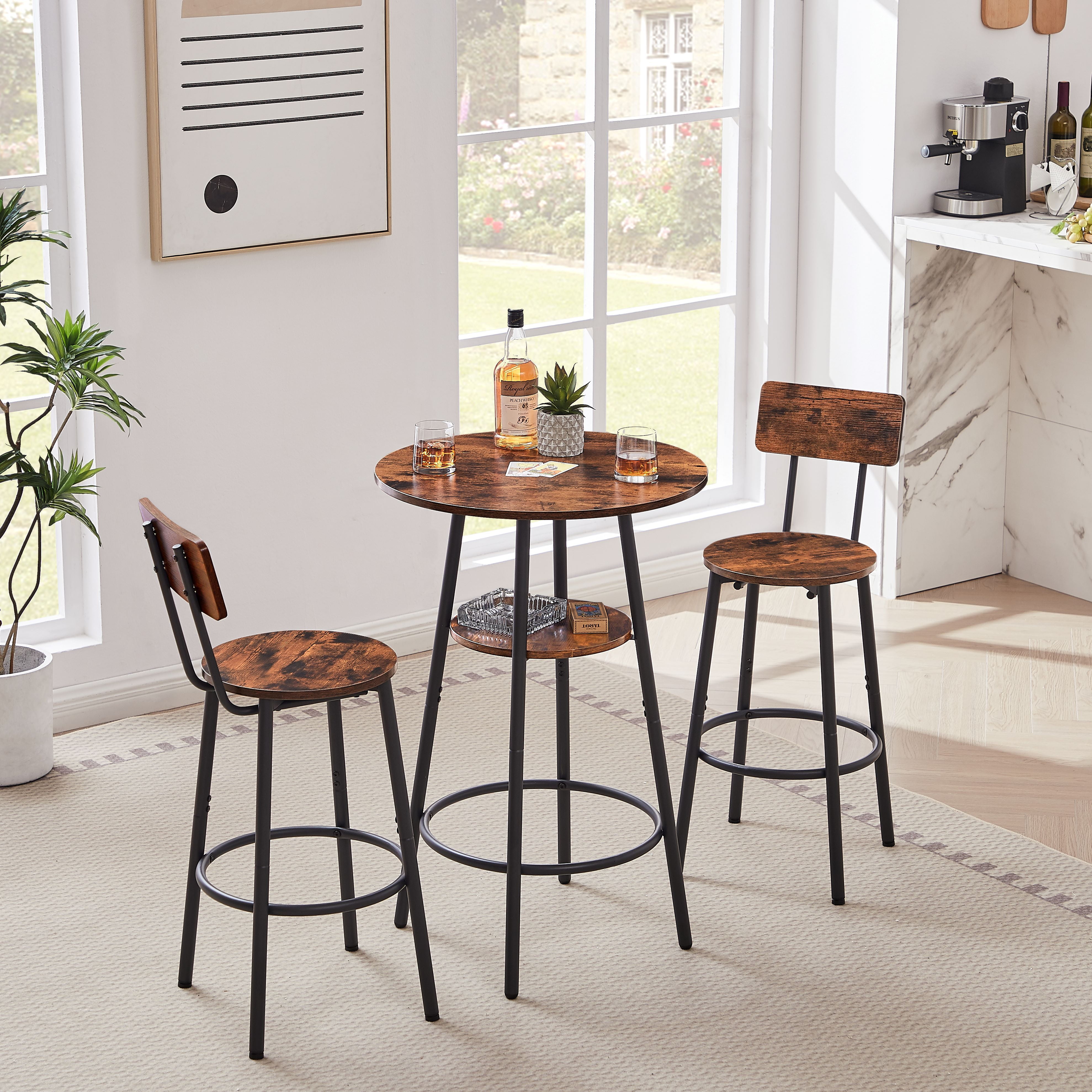 Yoneston 3 Pieces Round Bar Stool Set with Shelves, Stool with Backrest Rustic Brown, 23.6'' D x 35.4'' H